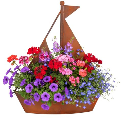 Relaxdays Gartendeko Rost, Metall, HxBxT: 43 x 34,5 x 10 cm, braun | Schiff zum Bepflanzen, Blumentopf, Garten & Balkon