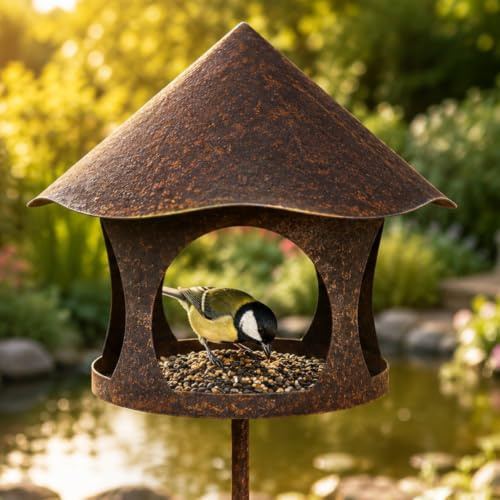 Maracita Metall Vogelhaus mit Ständer wetterfest 153 cm hoch als Gartendeko für draußen im Garten I Vogelhaus I Vogelhäuschen I Terrasse I Vogelfutterstation I Vogelfutterstation I Bird Feeder