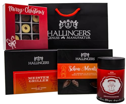 Hallingers Genuss Manufaktur Feinkost Weihnachts-Geschenk-Set - XXL-Geschenkkorb Best of Christmas großes Mitbringsel Schokolade, Tee, 9er Pralinen & Meistergriller-Gewürz, Weihnachten für Frauen