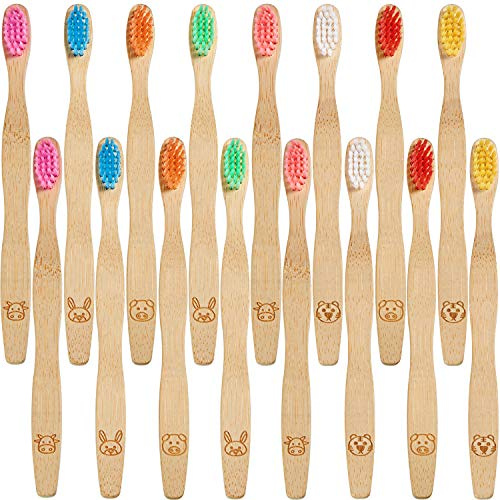 Boao 16 Pcs Kids Bamboo Toothbrush Soft Bristle Natural Toothbrush Wooden for Kids with Colorful Bristles and Ergonomic Animal Designs Handles