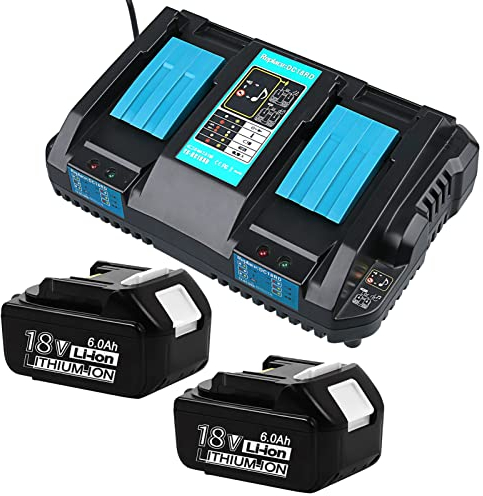 2X 6.0AH Akku 18v mit Ladegerät(Li-Ion, Replacement for Makita 18V Battery) + Dual Port Charger DC18RD Kompatibel mit Makita 18V Battery BL1860 BL1850B BL1830 1840 BL1850 Charger+2 Battery
