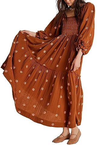 Women Flower Embroidered Maxi Dress Lantern Sleeve Square Neck Smoked Tiered Flowy Beach Dress Sundress (A-Brown, L)