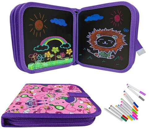 Funkprofi Malbuch für Kinder mit 12 Stiften, Malbuch ab 2, Reisespiele Kinder, Graffiti-Zeichenbrett, Graffiti-Buch, Wiederverwenderbar, Tragbar, Abwischbar, 14 Seiten (Prinzessin Schloss)