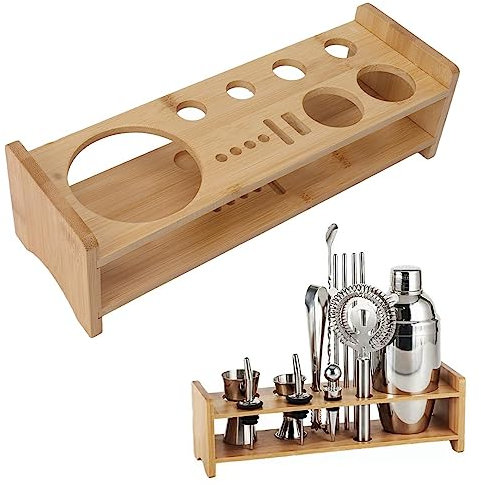 Juego De Coctelera con Soporte, Kit De Barman,Herramienta De Coctelería De Madera De Bambú, Soporte De Almacenamiento para Bar, Herramienta para Bar En C(Utensilios de Barman no incluidos)