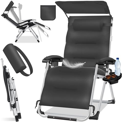 KESSER® Solstol, hopfällbar XXL-trädgårdsstol, väderbeständig, lastbar 200 kg, ergonomisk stoppning, justerbart ryggstöd inklusive nackkudde, mugghållare och armdyna med tak, antracit