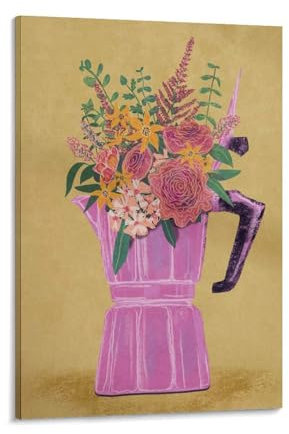 QZFNCOYU Espresso Machine with Flowers. Vintage Art Poster Canvas Poster Bedroom Decor Landscape Office Room Decor Gift 24x36inch(60x90cm)