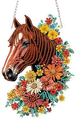 DOMROM Pferd Diamond Art Painting Anhänger, Blumen Diamond Painting Fensterbilder anhänger, Diamond Painting Hängende Ornament Kinder Erwachsene Diamant Malerei Basteln Tür Fenster Deko