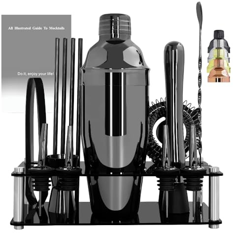 14-Piece Cocktail Shaker Set Bartender Kit with Black Stand, Bar Tool Set for Drink Mixing Bartending Kit Bar Sets Accessories: 750ml(25oz) Shaker, Jigger, Muddler, Cocktail Recipes (Black)