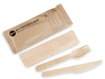 Lot de 500 Couverts Bois 3 Pièces - Fourchette Couteau Serviette - Bois de Bouleau FSC100 Contact Alimentaire - D-Work