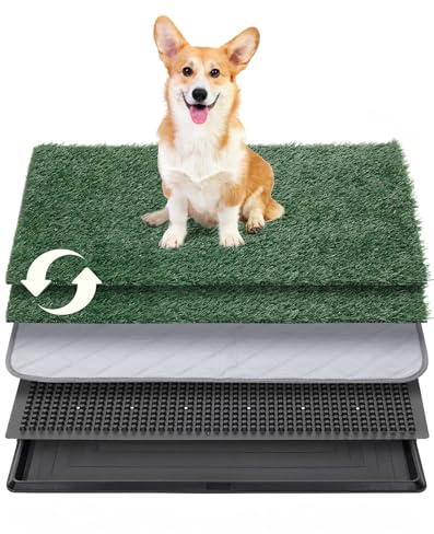Petcozife Dog Grass Pee Pad with Tray, 63.5x51cm Toilet for Puppy Potty Training with 2pcs Artificial Grass, Reusable Indoor Dog Litter Tray for Balcony Apartment, Washable, Less Odor, M