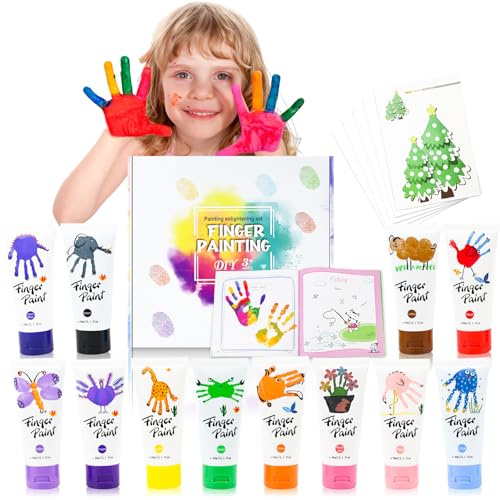 mobumeia Fingerfarben Kinder Ungiftig, 12 Farben x 60ml Fingermalfarben mit Malbuch, Auswaschbar Kleinkinder Fingerfarbe Malfarbe für Kindergarten Schule Frühes Lernen, zu Hause