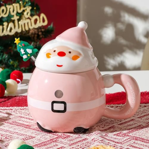 MAGICVOGEL Weihnachtstasse Cartoon Weihnachtsmann Kaffeetasse Porzellan Kaffeebecher mit Deckel und Löffel Teetasse Weihnachtsbecher Geschenk für Weihnachten Neujahr Geburtstag (Rosa)