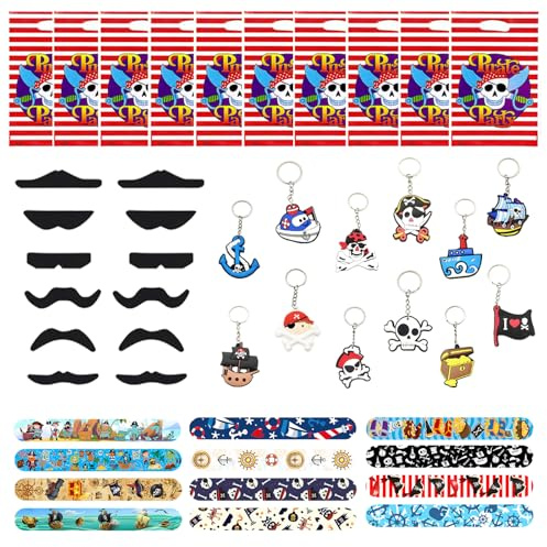 Eymobad 146Pcs Piraten Party Mitgebsel,Piratenkostüm Kindergeburtstag,Piraten Deko Kinder mit Schlüsselanhänger Schnapparmband Geschenktüte Fur Karneval HalloweenJunge Mädchen