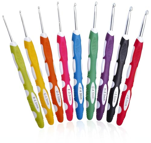 Tarqite 9 Stück Häkelnadel Set, 2,0mm-6,0mm Häkel Nadeln Set, Ergonomisch Häkelnadeln mit Bunte Silikongriff, Softgriff Häkelnadel für Anfänger, Häkelliebhaber, Arthritische Hände
