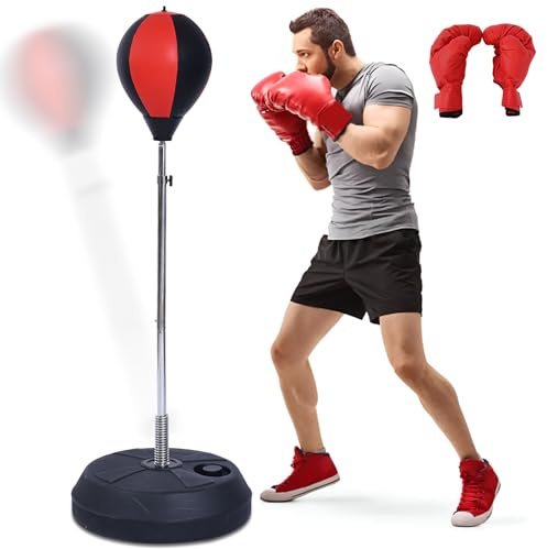 Stiatu Punching Bag with Stand, Heavy Boxing Bag Height Adjustable Reflex Bar and Speed Punching Bag for Adults & Youth, Home Gym Training Equipment for MMA Fitness Stress Relief (Red)