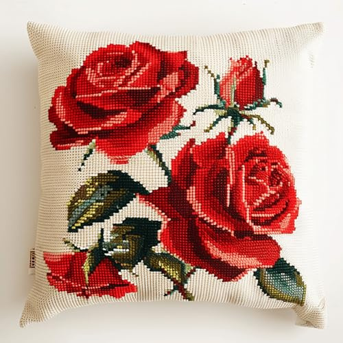 XDEGHUANGSS Knüpfkissen Mit Vordruck Rote Rose Knüpfkissen-Sets,Grobes Kreuzstich-Set,Diy-Stickerei-Nadelspitzen-Kit Für Heimdekoration 43x43cm
