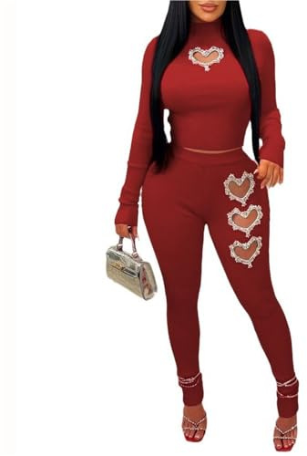 GHAKKE Completo Due Pezzi Da Donna Per Feste In Discoteca Set Sexy Con Top Corto A Maniche Lunghe, Pantaloni Lunghi Attillati, Scollo A Lupetto, Cuore Con Intagli Di Strass(Red,S)