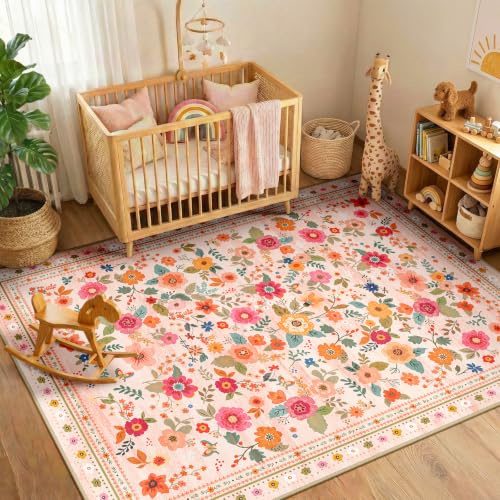 INOVADAY Washable Rug Floral Print 90x150 cm Pink/Beige Living Room Rug