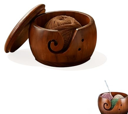 Cloxtralon Cuenco para Tejer de Madera con Tapa, Cuenco de Hilo de 15 cm para Ganchillo y Tejer, diseño práctico para Almacenamiento de Hilos