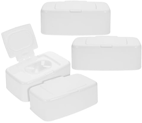 FRCOLOR Dispensador Reutilizable de Toallitas Húmedas para 4 Piezas, Caja Dispensadora con Tapa de Color Claro, Compacta y Portátil para Escritorio y Baño, Contenedor Sellado Que