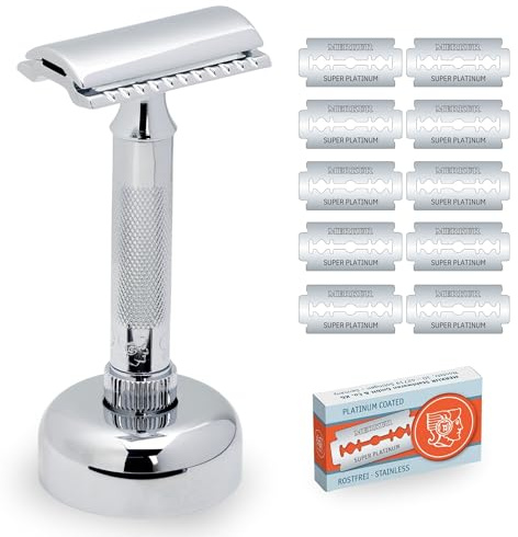MERKUR 34C Rasierhobel Set inkl premium Rasierhobel, Rasierständer und 11x Platinum Klinge | Glanzchrom | Geschlossener Kamm | Ideal für Nassrasur | Made in Germany
