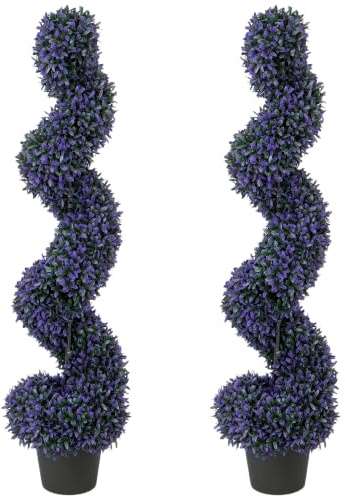 HOMCOM Artificial Boxwood Topiary Tree Spiral in Pot Set of 2 120cm Purple | 840 Leaves, Artificial Trees, Fake Plants, Indoor Outdoor Decor