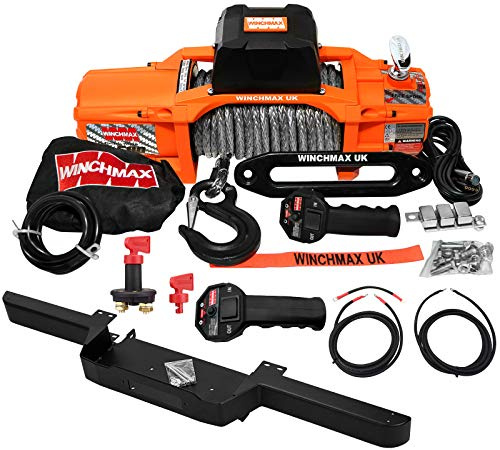 Winchmax 13.500 Libras (6.123 kg) Serie SL Cabrestante eléctrico Original Naranja de 12v. Parachoques del cabrestante, Cuerda de Dyneema, Kit de cableado y aislador