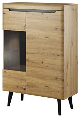Vitrine NORDI Vitrinenschrank Standvitrine in Mit LED Beleuchtung (Artisan Eiche)
