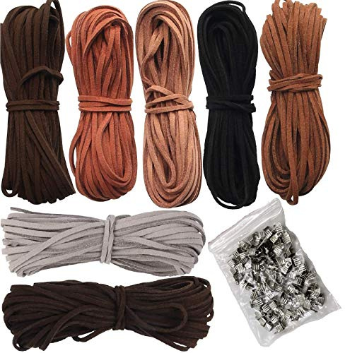 Lederschnur 5M x 3mm Lederband Leder Schnur Faux Faden 7 Stück 7 Farben mit 100pcs Schnurenden für DIY Armband Halskette Schmuck Handwerk