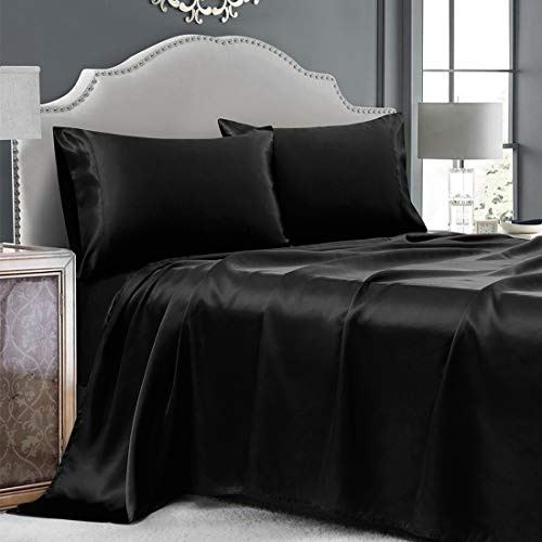 Cobedzy - Set di lenzuola in raso nero, formato full size, 4 pezzi, lenzuola in raso seta morbide con angoli elasticizzati profondi, lenzuola extra lisce e lussuose in microfibra per capelli e pelle