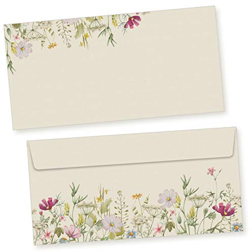 50 St. Wildblumen Blumen Umschläge DIN lang | Erwachsene Frauen selbstklebend ohne Fenster Vintage Retro 220 x 110 mm 80 g/qm feines Papier Haftklebestreifen