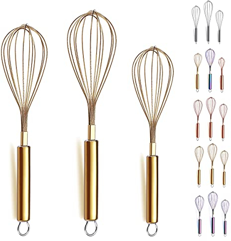 Fouet doré,fouet Kyraton en acier inoxydable 8,10,12 3 pièces,fouet doré plaqué titane,adapté à la cuisine,utilisé pour la cuisson,le brassage et le battage.(3 paquets)