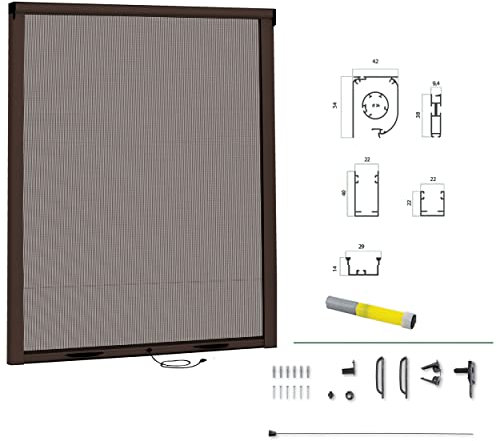 Zanzariera Finestra A Rullo Scorrevole e Accorciabile con Kit Fai Da Te In Alluminio Verniciato Istruzioni Inclusi (80x170 con frizione, Marrone)