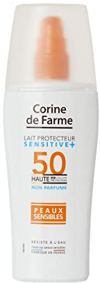 Corine de Farme lait Solaire SPF 50 Sensitive+, Haute Protection, Convient aux Peaux Sensibles, Enrichi en Monoi de Tahiti Hydratant, Résiste à l'Eau, Adapté aux Enfants, Pulvérisateur 150ml