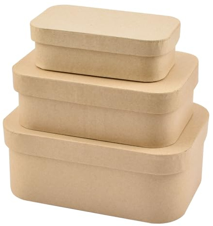 WANDIC Pappmaché-Box, Set mit 3 quadratischen Pappmaché-Hut-Boxen aus Kraftpapier mit Deckel, ideal zum Malen, Basteln und Aufbewahren, Zubehör, Kosmetik, Schmuck, Geschenke