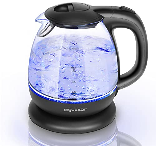 Aigostar Small Electric Kettle, 1.0L Black Glass Kettle Cordless, Compact Mini Clear Water Tea Kettle Fast Quiet Boil for Kitchen Bedroom Office, 2200W - Elfin 30A0Q