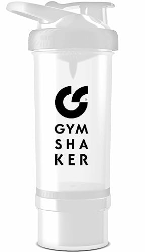 GYMSHAKER Protein Shaker mit Pulverfach 600 + 150 ml - mit Wabenstruktur-Sieb für cremige Shakes - auslaufsicher & BPA frei - Weiß