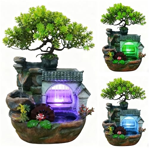 11 Desktop Fountain Rock Waterfall Humidifier with Artificial Tree &LED Light, Tabletop Water Fountains Indoor Fake Plant Bonsai Tree Feng Shui Decoration for Aquariums Office Bedroom Home Décor