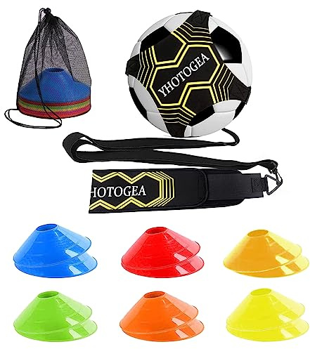 YHOTOGEA Football Kick Trainer, Football Training Equipment Aid, 12 Disc Cones, Football Gift for Boys and Adults Solo Practice, Adjustable Belt Elastic for Ball Size 3/4/5 (Yellow)