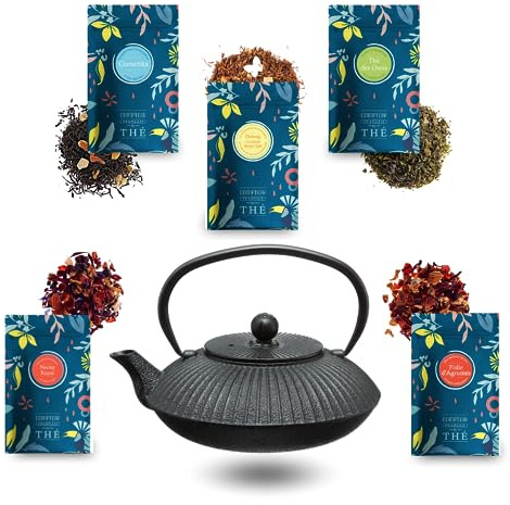 Coffret Thés et Théière en Fonte - COMPTOIR FRANÇAIS DU THÉ - 5x20g | Coffret théière et 5 x 20 g de thés en vrac - Cadeau original anniversaire, fête des mères, Noël, maîtresse - tisane de noel