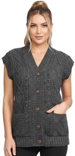 LUXFAB Women's Sleeveless Cable Knit Cardigan Girl’s 5 Button Grandad Vest Chunky Knit Waistcoat Winter Layering Piece | Casual Knitted Sweater Charcoal