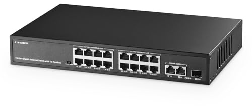 Binardat 19 Port Gigabit POE Switch, 16 POE+ Ports 1000Mbps, 2 Gigabit Uplink, 1 Gigabit SFP, IEEE802.3af/at, 300W Internal Power Supply, Metal Case Unmanaged Plug and Play