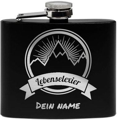 Flachmann mit Gravur aus Edelstahl selbst gestalten - Lebenselexier - mit Name gravieren - Geschenk Wandern Skifahren - Praktische Taschengröße | Schwarz, 141 ml