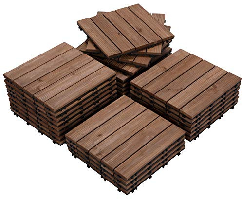 Yaheetech 27 Pcs Decking Tiles Flooring Tiles Interlocking Fir Wood Deck Tiles Indoor & Outdoor for Patio Garden Poolside 30×30cm- Brown