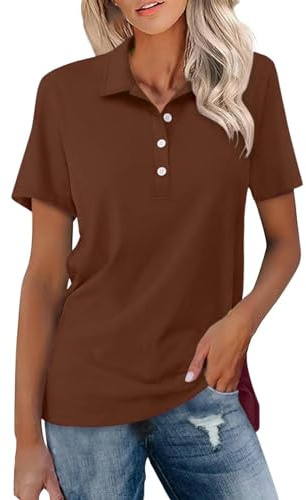 Polo pour femmes UK, Polo premium pour femmes manches courtes d'été avec revers décontracté à quart de bouton classique en coton sport golf tennis, marron, XL
