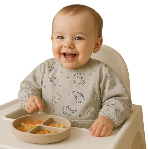 HiABsee bavoir manches longues bebe, Tablier Bebe Pour Manger, Bavoir Imperméable Bébé pour bébé de 6 à 36 mois (Dinosaure)
