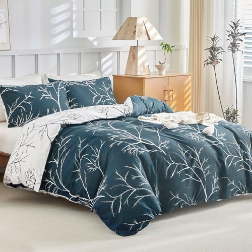 Tokokimo Bettwäsche 200x200 3teilig - Bettwäsche-Sets mit 2 Kopfkissenbezüge mit Reißverschluss 80x80 cm - Zweigmuster Mikrofaser Bettbezug für Doppelbetten mit Reißverschluss, Marineblau