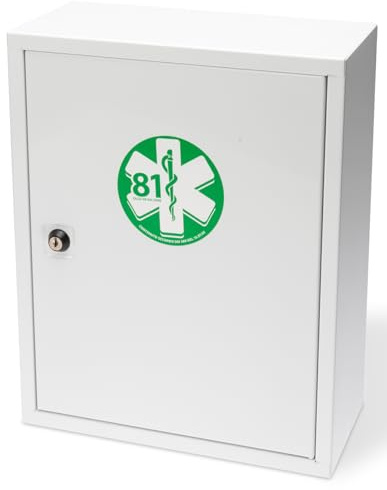 p age Erste-Hilfe-Schrank aus weißem Metall, 2 Fächer, 1 Einlegeboden, Schloss mit Schlüssel ALL. 2 erweiterte Inhalte für bis zu 2 Arbeiter 370 x 300 x 140 mm