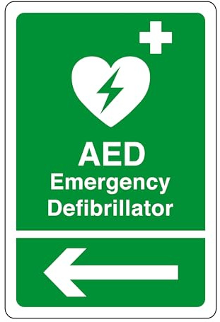 AED Emergency Defibrillator Pfeil links Sicherheitsschild – 1,2 mm starrer Kunststoff für den Innen- und Außenbereich (300 mm x 200 mm) Sichtabstand innerhalb von 7 m
