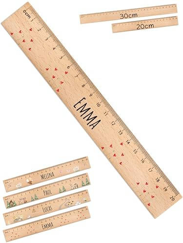 Bärenfreunde® - Personalisiertes Holz-Lineal 20 cm / 30 cm mit Spezial-Druck - für Schule und Zuhause - Lineal personalisiert Schulanfang - Einschulung Geschenk (30 cm, Herzen)